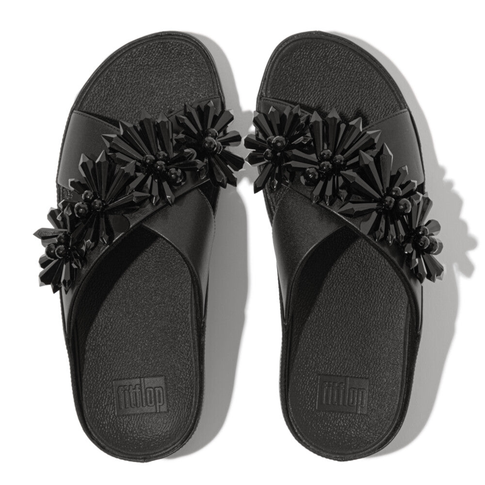 fitflop黒 ビーズ装飾 トングサンダル RUMBA スターバーストビーズ クロス スライド｜fitflop(フィット